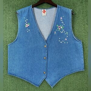 Vintage 90’s Denim Jean 3D Embroidered Flowers Floral Vest Women’s Size XL